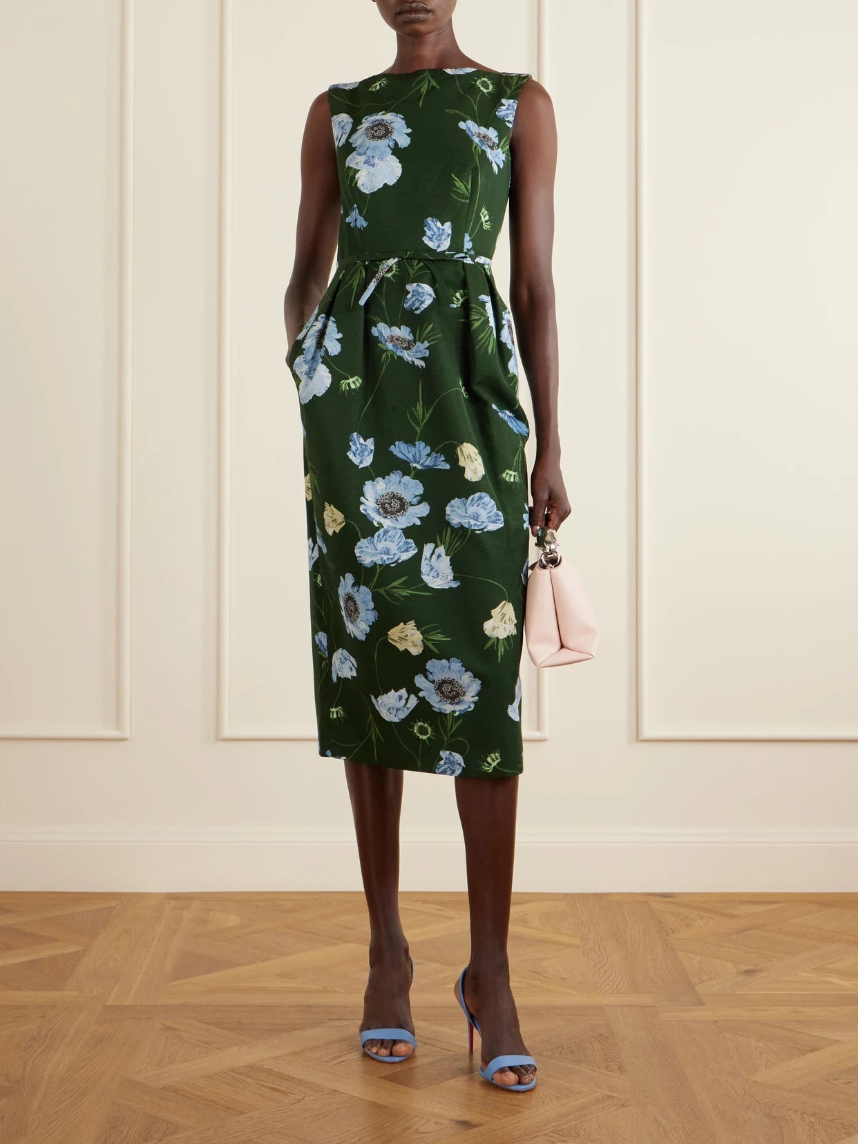 Image of Dresses. Product name - Floral-printed Cotton-blend Faille Midi Dress in Dark green colour by brand - Erdem