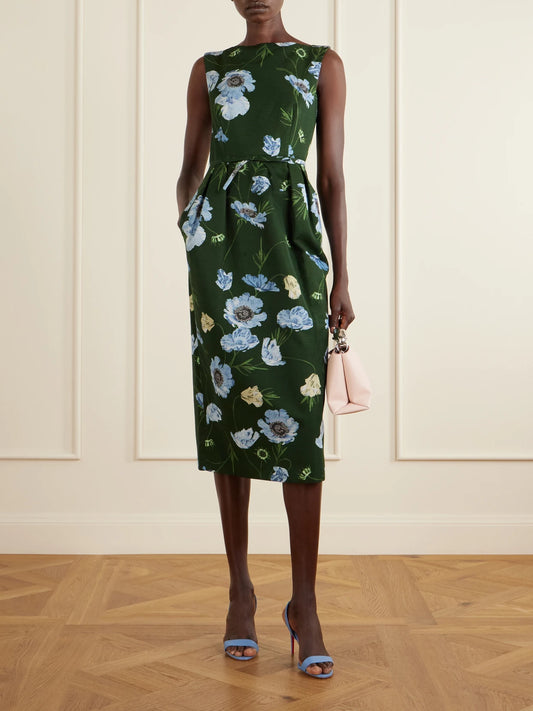 Image of Dresses. Product name - Floral-printed Cotton-blend Faille Midi Dress in Dark green colour by brand - Erdem