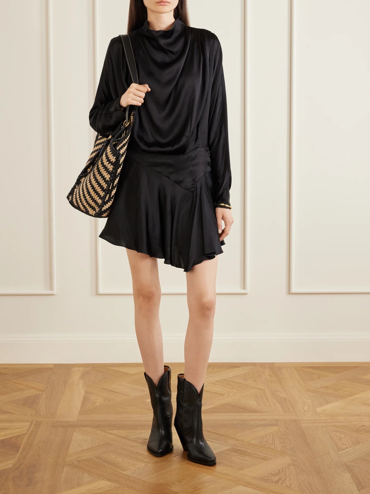 Image of Dresses. Product name - Neline Satin Mini Dress in Black colour by brand - ISABEL MARANT