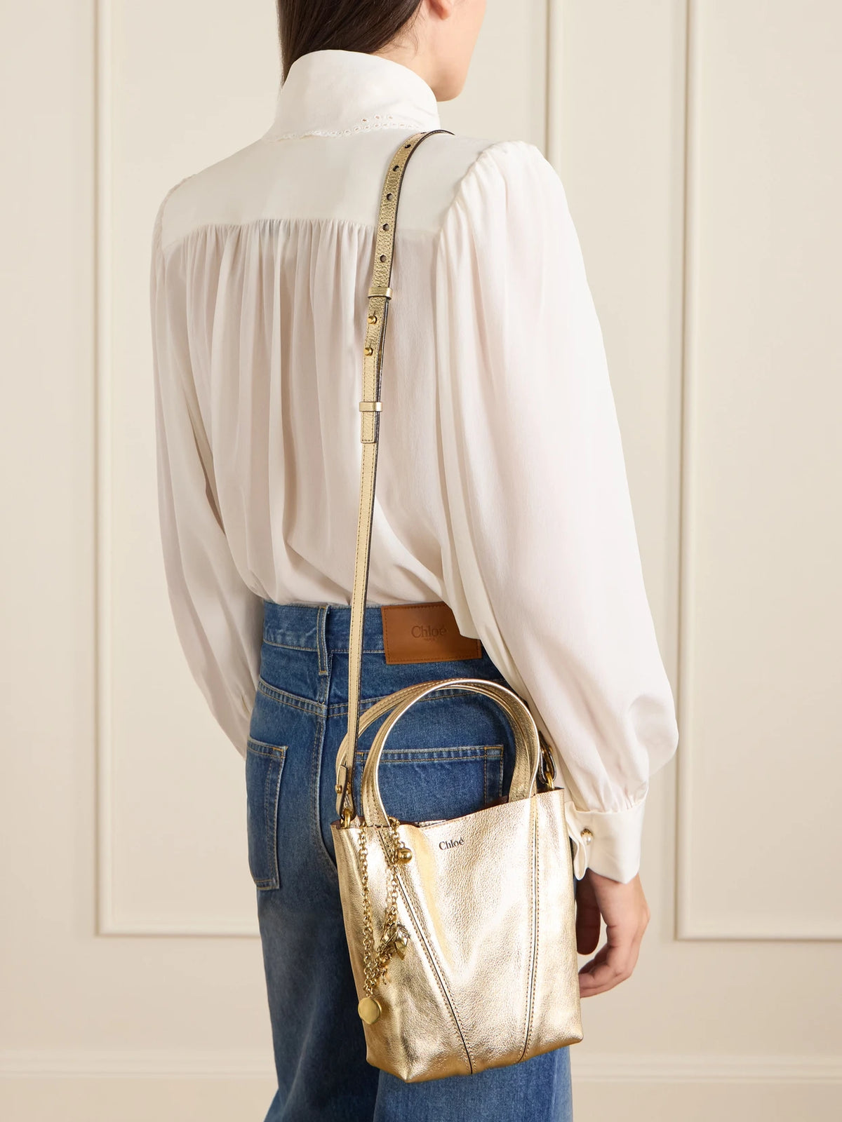 Spin Small Embellished Paneled Textured-leather Tote