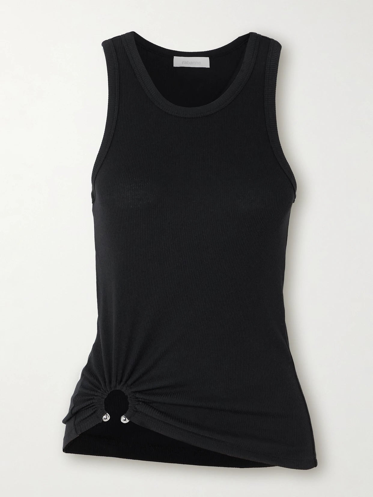Image of a model wearing Tops. Product name - Embellished Gathered Ribbed Stretch-cotton Jersey Tank in Black colour by brand - RABANNE