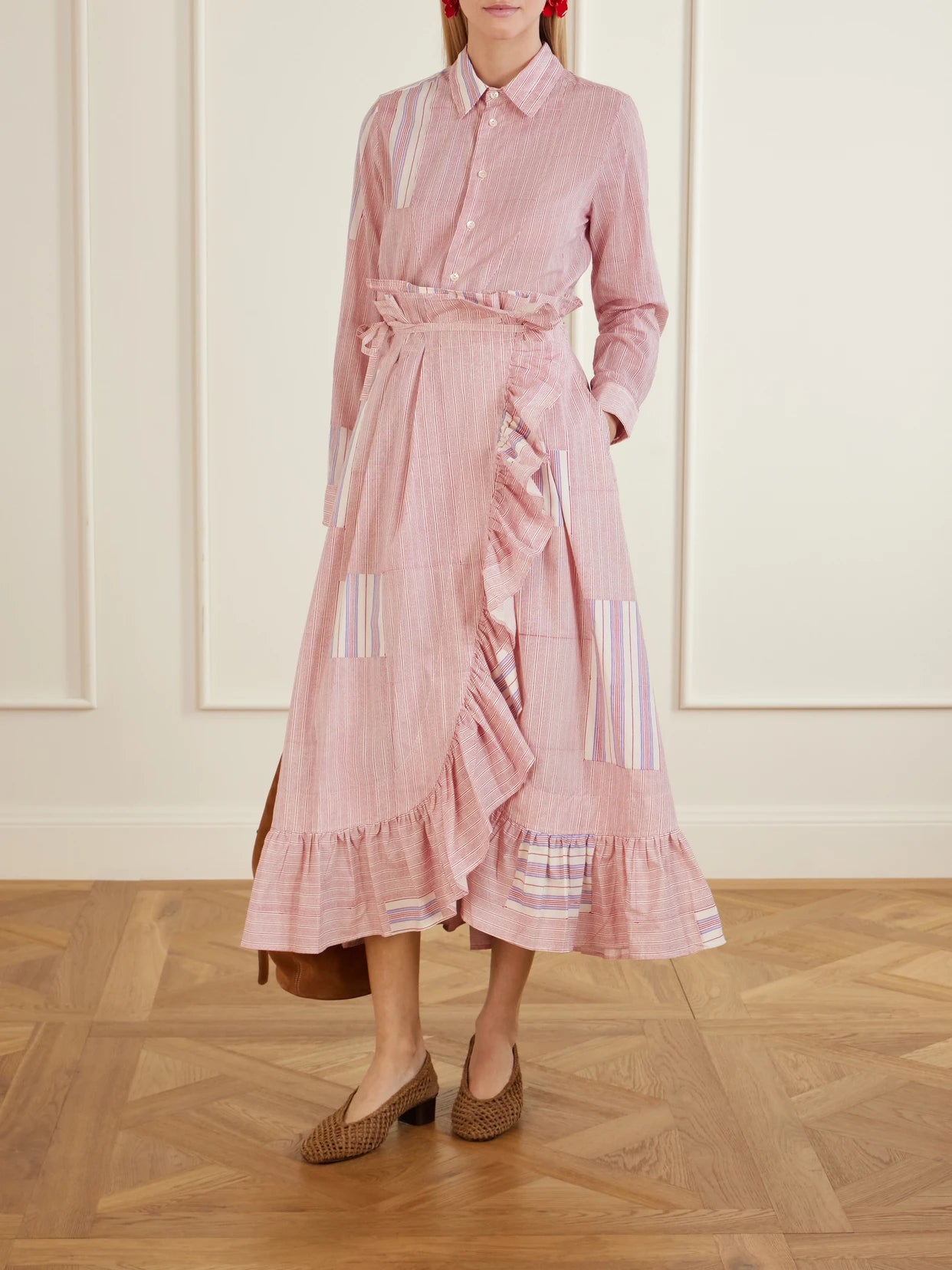 Image of a model wearing Tops. Product name - Baptiste Striped Cotton-voile Shirt in Pink colour by brand - Thierry Colson