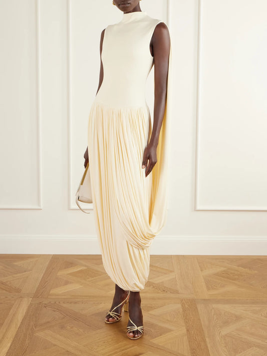 Image of Dresses. Product name - Asymmetric Draped Stretch Bamboo-jersey Midi Dress in Cream colour by brand - Abadia