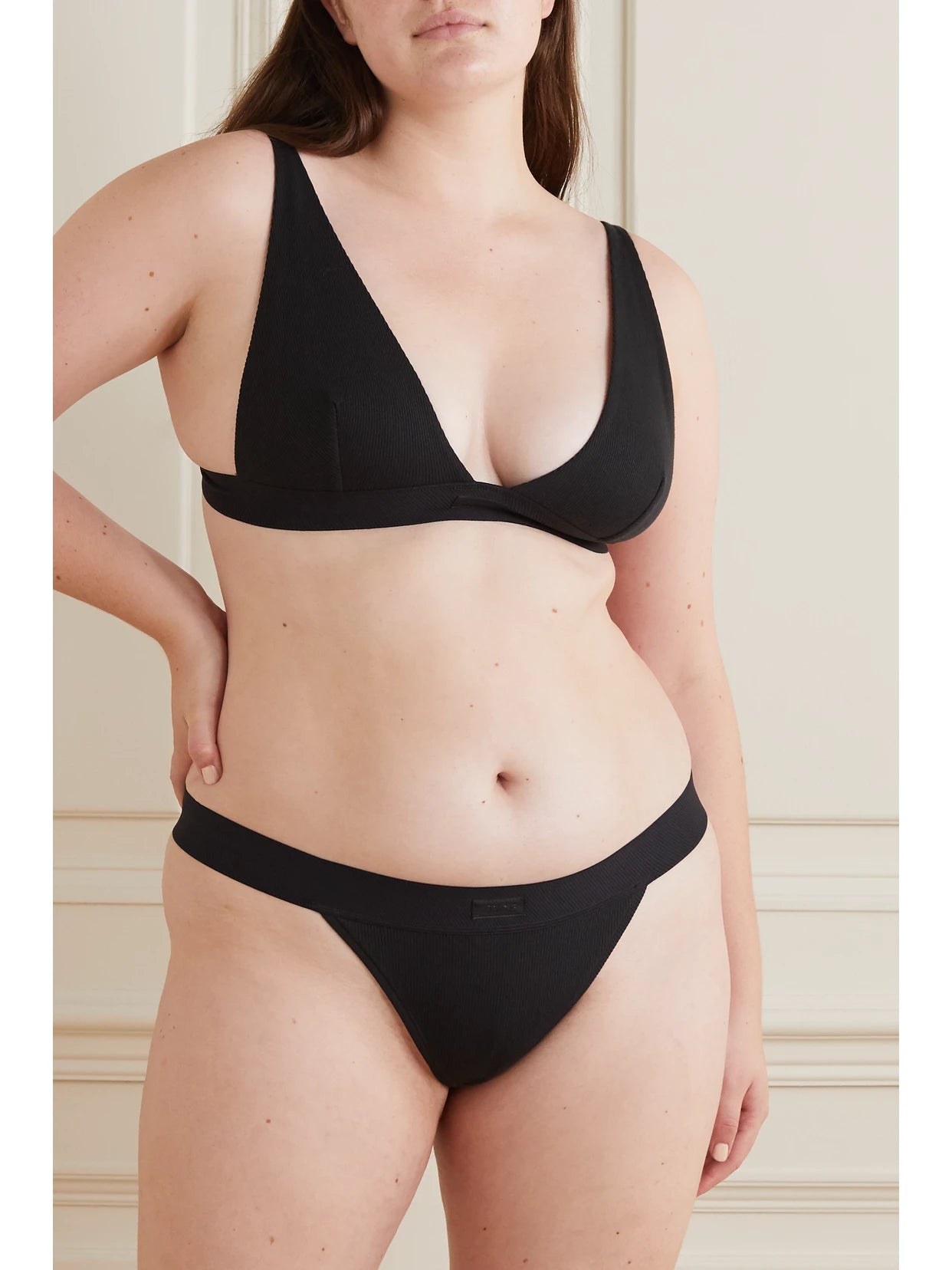 Plunge Ribbed Cotton-blend Jersey Bralette - Soot