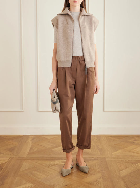 Image of a model wearing Outerwear. Product name - Ribbed-knit T-shirt in Beige colour by brand - Brunello Cucinelli
