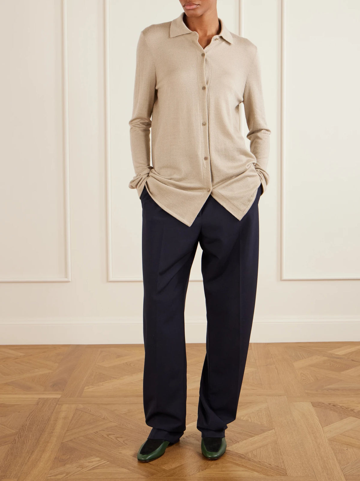 Image of Flats. Product name - Adam Suede-trimmed Glossed-leather Penny Loafers in Dark green colour by brand - The Row
