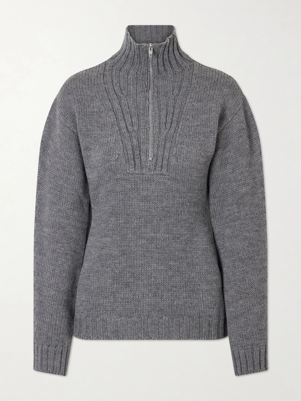 Image of a model wearing Outerwear. Product name - Ribbed-knit Wool Half-zip Turtleneck Sweater in Gray colour by brand - Jil Sander