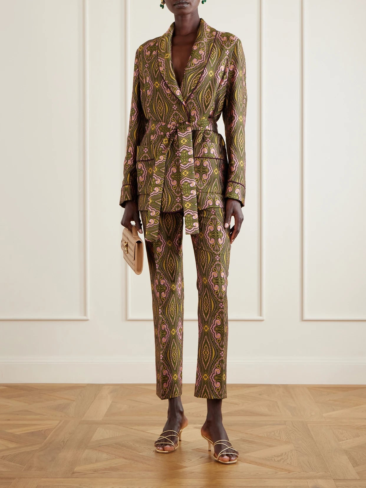 Image of Coats & Jackets. Product name - Metallic Jacquard Crepe Blazer in Gold colour by brand - Etro