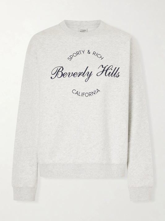 Image of Sleepwear & Loungewear. Product name - Beverly Script Printed Cotton Sweatshirt in Gray colour by brand - Sporty & Rich