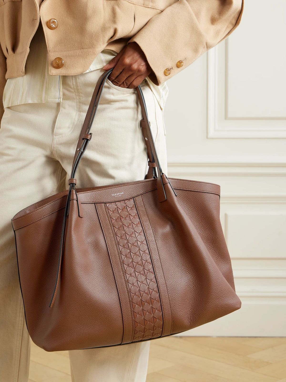 Image of Bags. Product name - Secret Textured-leather Tote in Brown colour by brand - Serapian