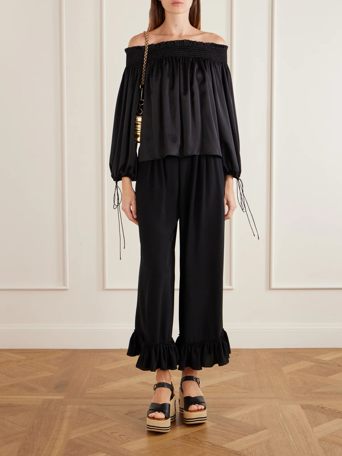Image of Blouses. Product name - Off-the-shoulder Gathered Silk-satin Blouse in Black colour by brand - Chloé