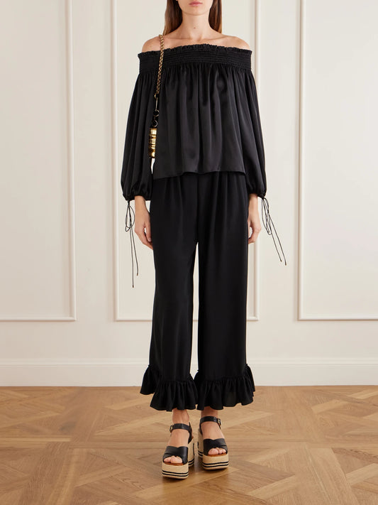 Image of Blouses. Product name - Off-the-shoulder Gathered Silk-satin Blouse in Black colour by brand - Chloé