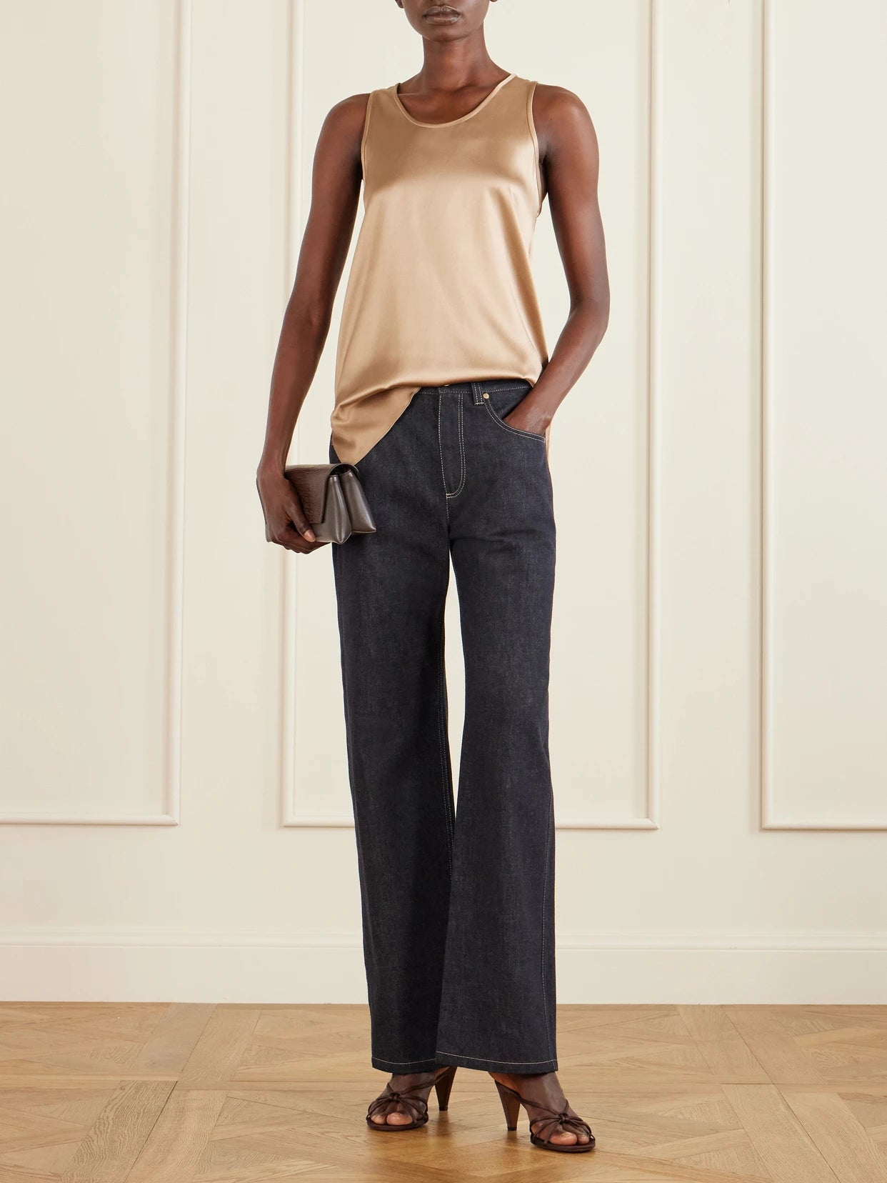 Image of a model wearing Tops. Product name - Silk-blend Satin Top in Brown colour by brand - Brunello Cucinelli