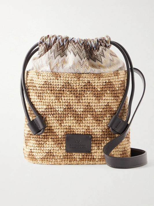 Small Striped Leather-trimmed Raffia Bucket Bag