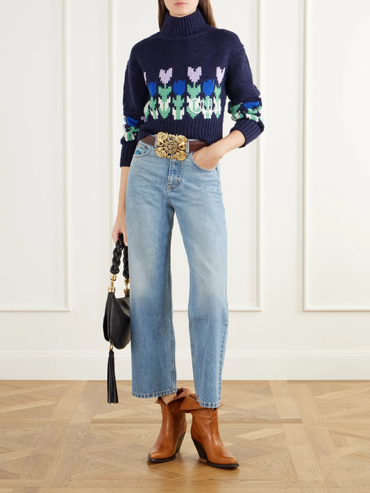 Image of a model wearing Outerwear. Product name - Cropped Mock-neck Floral-intarsia Wool Sweater in Navy colour by brand - Chloé