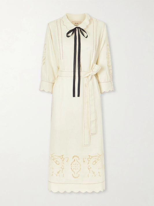 Image of Dresses. Product name - Samarkand Broderie Anglaise-trimmed Belted Linen Midi Dress in Cream colour by brand - Vita Kin