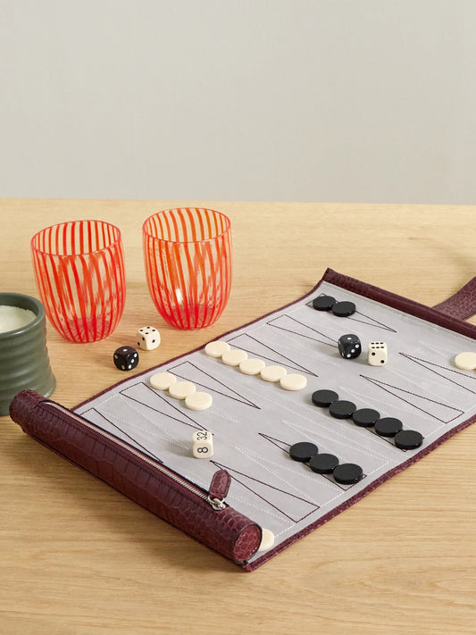 Image of Decor. Product name - Croc-effect Leather Backgammon Roll in Burgundy colour by brand - Smythson