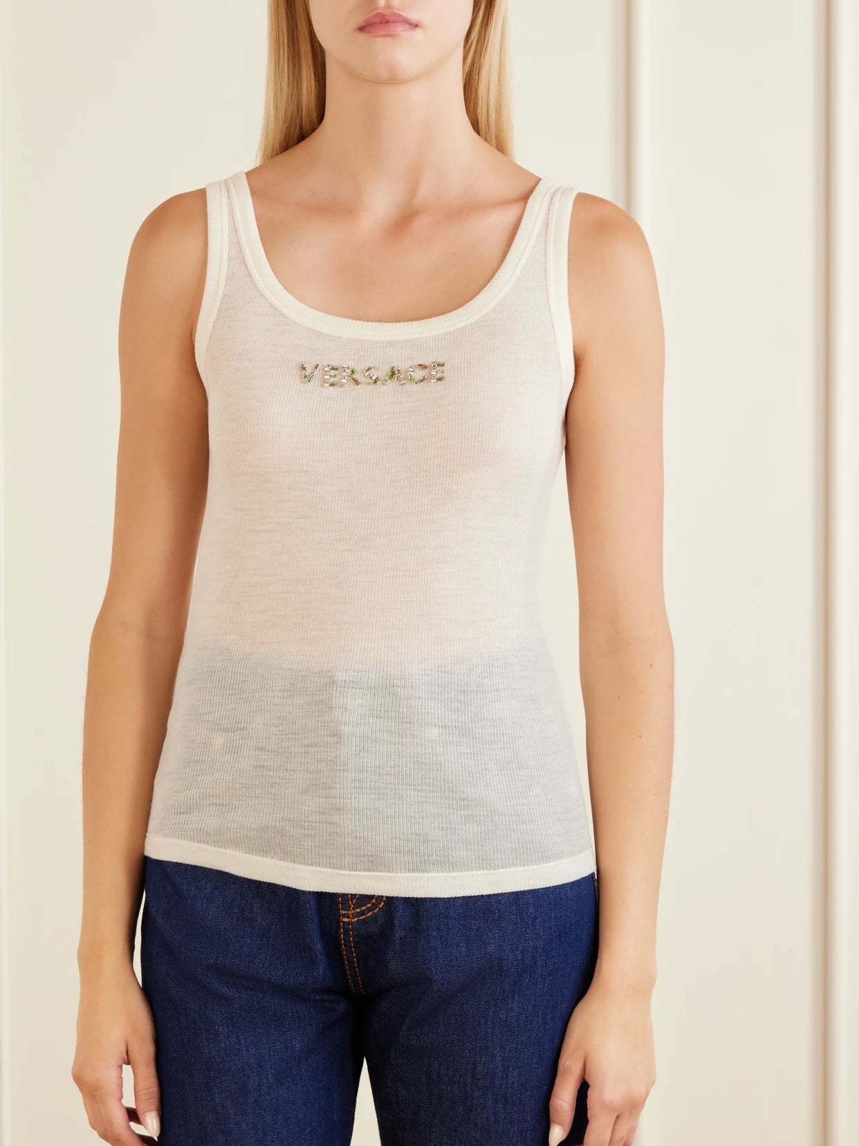 Crystal And Bead-embellished Logo-embroidered Wool Tank
