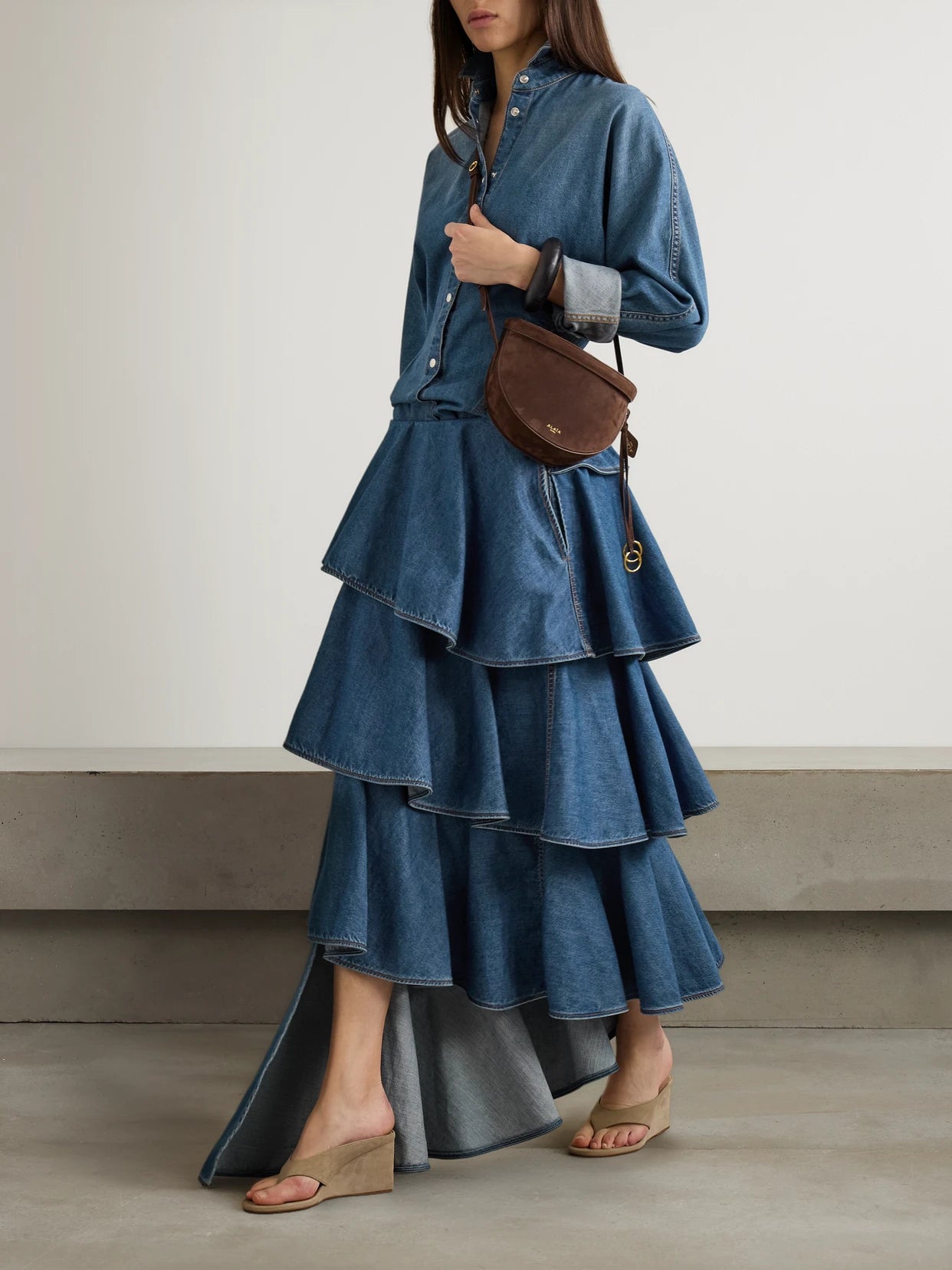 Image of Jeans. Product name - Asymmetric Ruffled Tiered Denim Skirt in Dark denim colour by brand - Alaïa