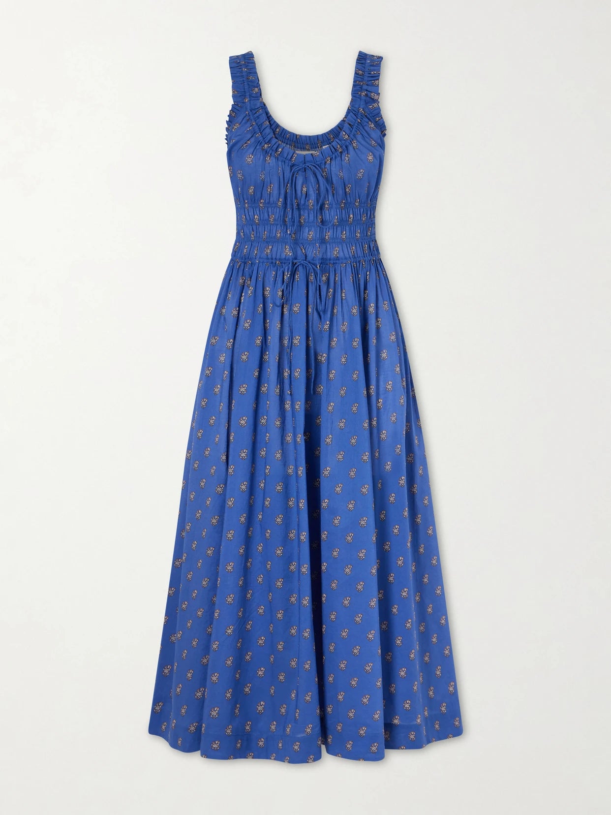 Image of Dresses. Product name - Emmaretta Shirred Floral-print Cotton Midi Dress in Blue colour by brand - DÔEN