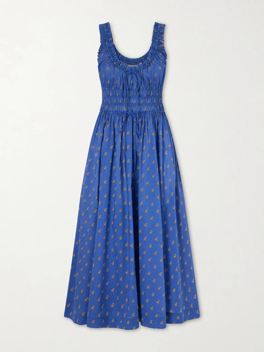 Image of Dresses. Product name - Emmaretta Shirred Floral-print Cotton Midi Dress in Blue colour by brand - DÔEN