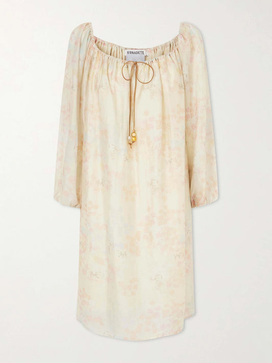 Image of Dresses. Product name - Bonnie Floral-print Lyocell-blend Mini Dress in Beige colour by brand - BERNADETTE