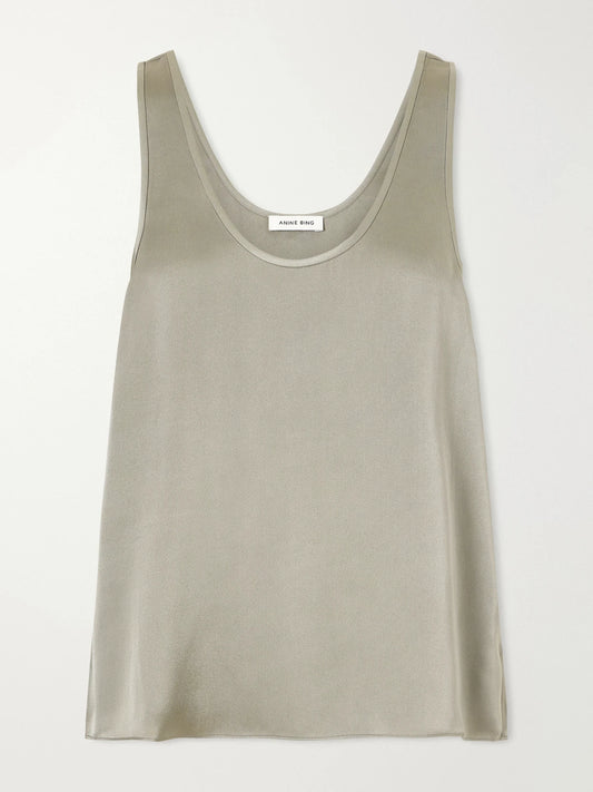 Image of a model wearing Tops. Product name - Lea Silk Tank in Gray green colour by brand - Anine Bing
