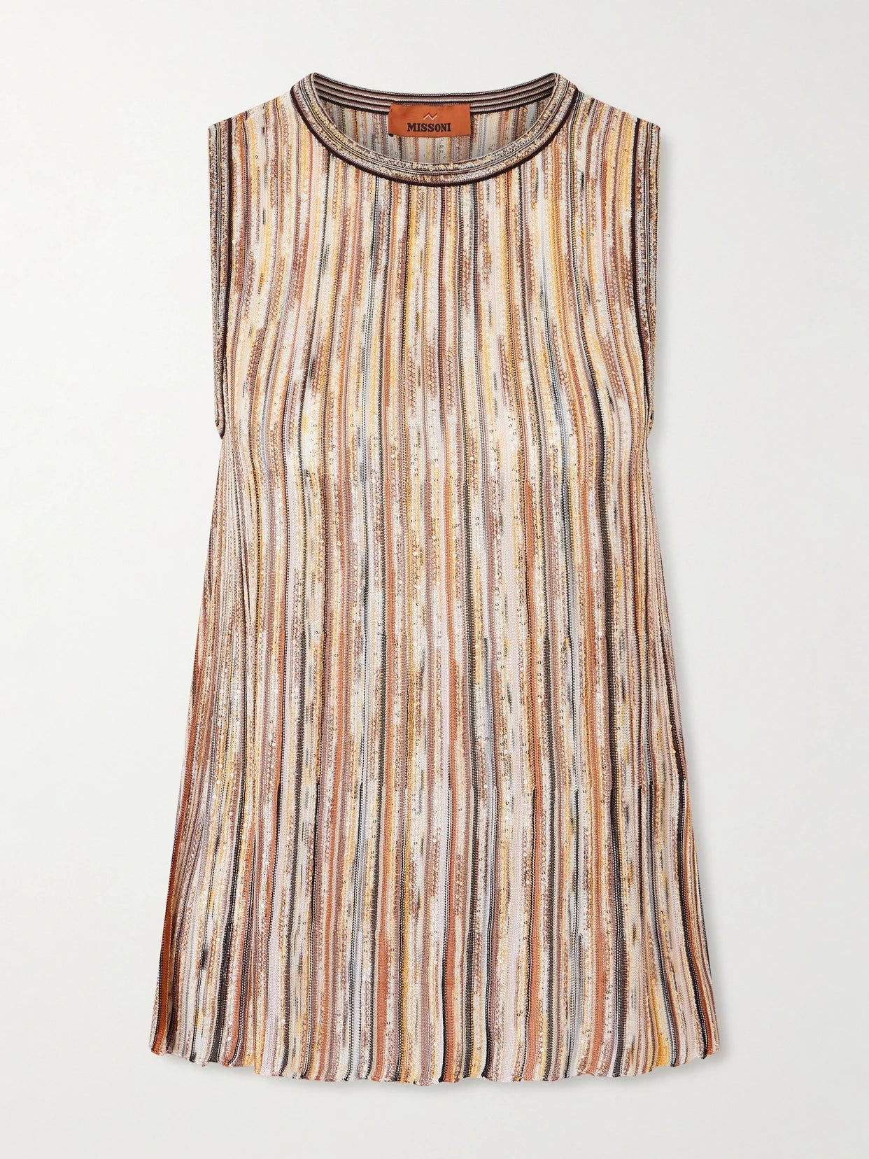 Image of a model wearing Tops. Product name - Mare Sequined Metallic Striped Crochet-knit Tank in Brown colour by brand - Missoni