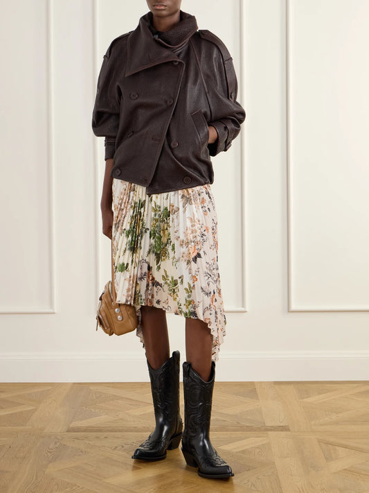Image of a model wearing Skirts. Product name - Pleated Floral-print Georgette Midi Skirt in Beige colour by brand - Acne Studios