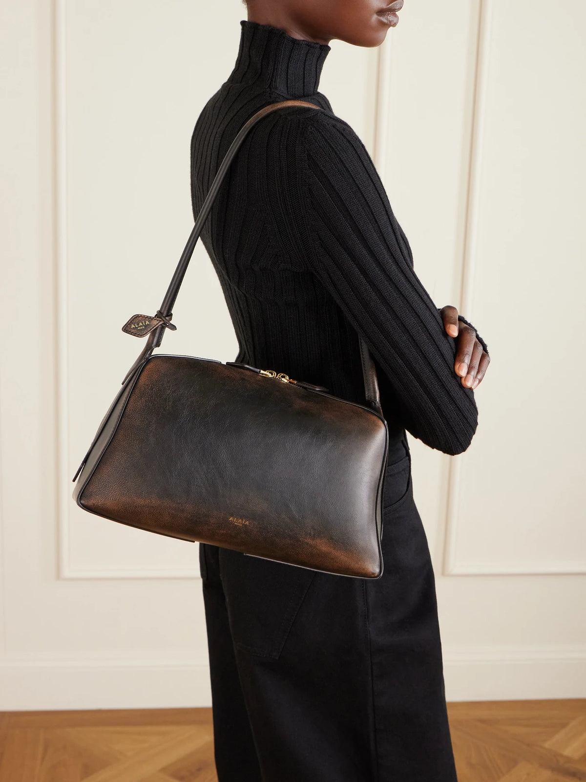 Image of Bags. Product name - Le Bulldog Leather Shoulder Bag in Brown colour by brand - Alaïa