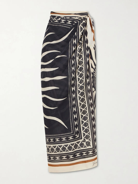 Image of Swimwear. Product name - Golden Horizon Printed Cotton Pareo in Black colour by brand - Johanna Ortiz