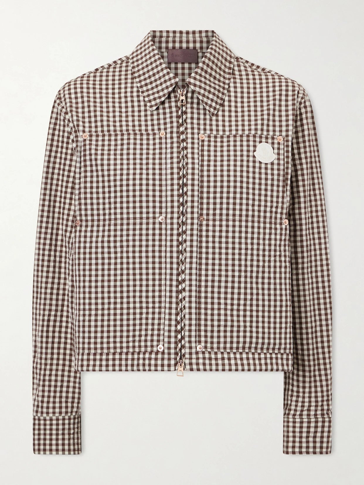 Image of a model wearing Tops. Product name - Cropped Appliquéd Gingham Cotton-blend Shirt in Brown colour by brand - Moncler