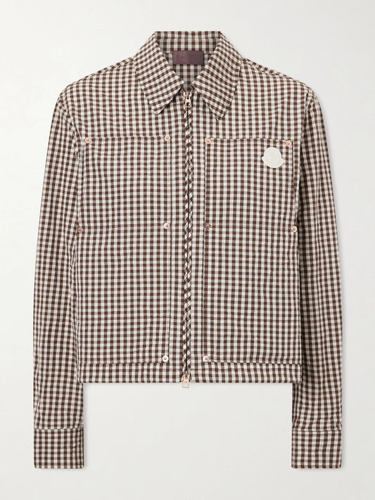 Image of a model wearing Tops. Product name - Cropped Appliquéd Gingham Cotton-blend Shirt in Brown colour by brand - Moncler