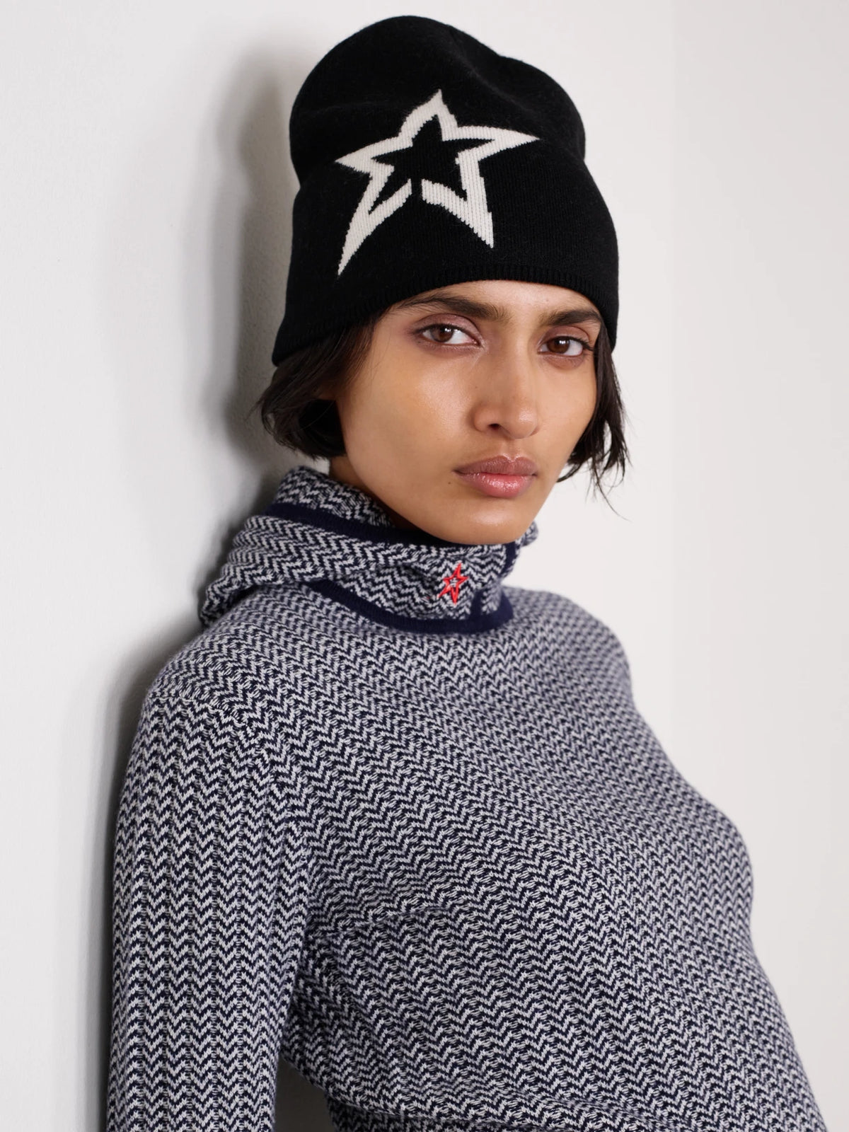Image of Accessories. Product name - Intarsia Wool-blend Beanie in Black colour by brand - Perfect Moment