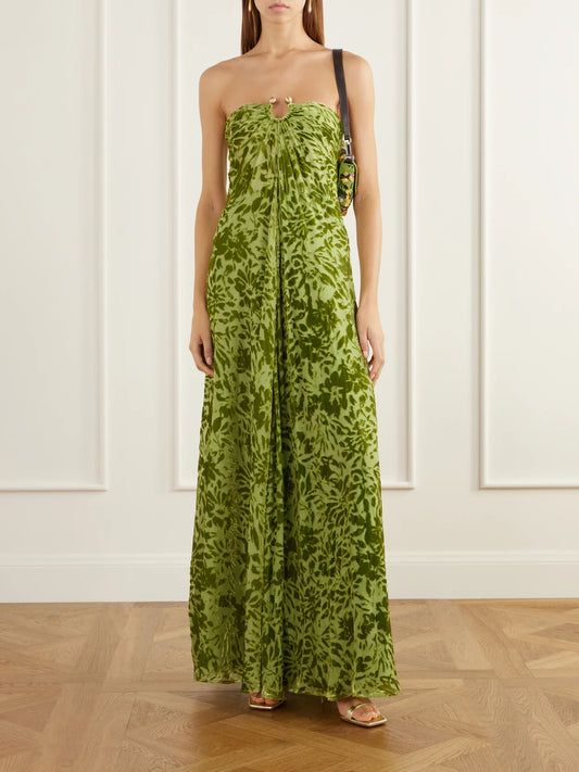 Image of Dresses. Product name - Renay Strapless Embellished Gathered Devoré Bustier Maxi Dress in Green colour by brand - Cult Gaia
