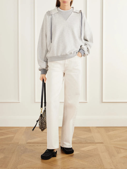 Image of a model wearing Tops. Product name - The Half Base Two-tone Cotton-blend Jersey Hoodie in Gray colour by brand - Mother