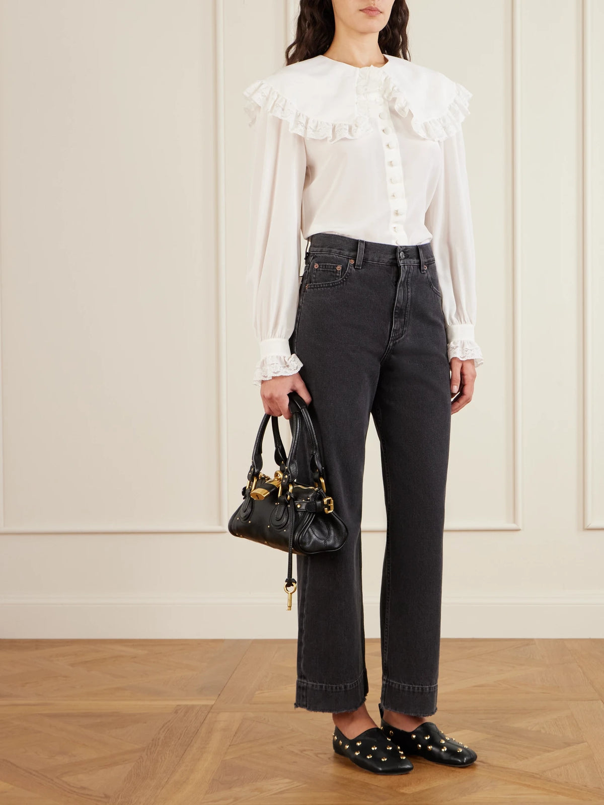 Image of Flats. Product name - Rita Embellished Leather Ballet Flats in Black colour by brand - Chloé