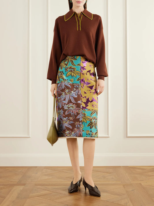 Image of a model wearing Skirts. Product name - Bodie Frayed Patchwork Floral-jacquard Midi Skirt in Multi colour by brand - ALÉMAIS