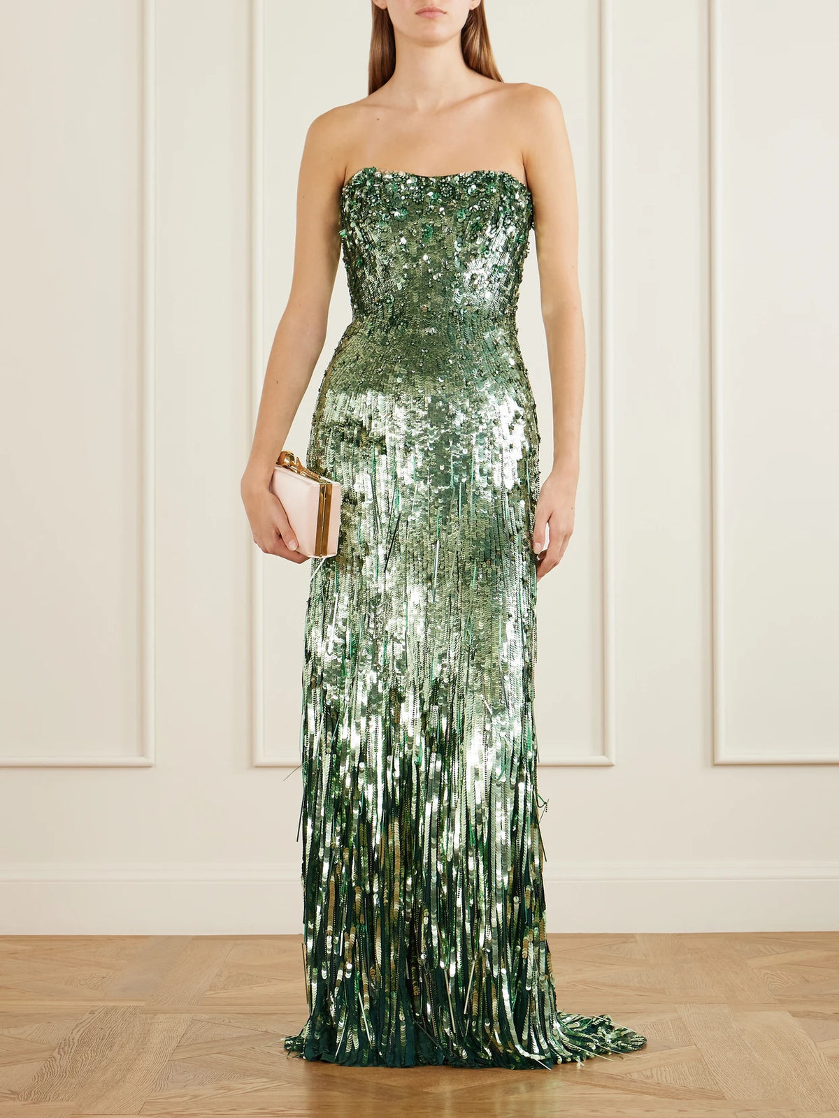 Image of Dresses. Product name - Kimi Frayed Sequined Tulle Gown in Green colour by brand - Jenny Packham
