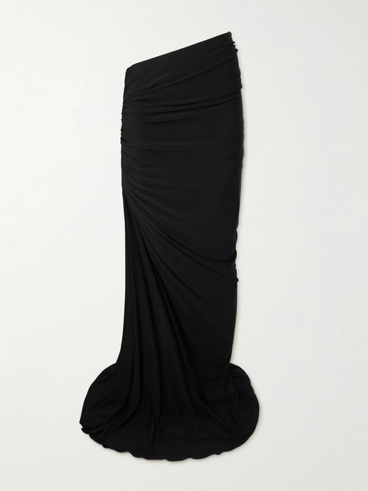 Image of a model wearing Skirts. Product name - Draped Stretch-knit Maxi Skirt in Black colour by brand - Alaïa