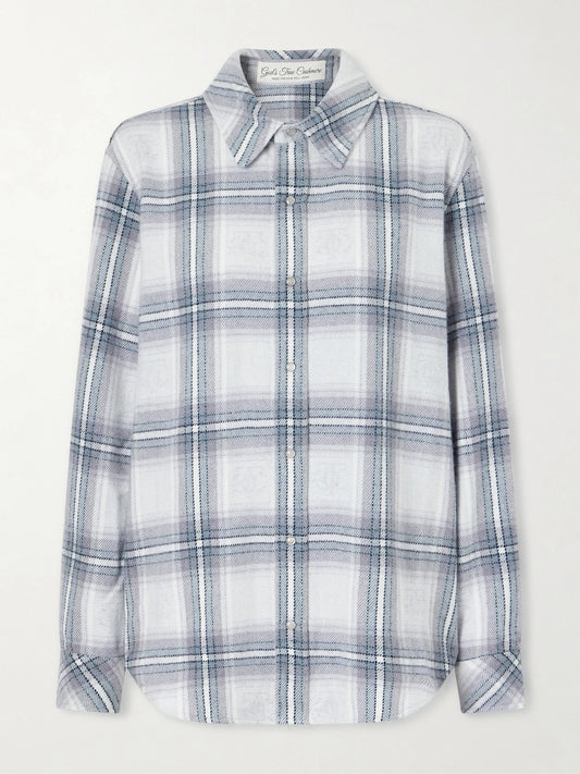 Image of a model wearing Tops. Product name - Cloud Light Tartan Cashmere Shirt in Blue colour by brand - God's True Cashmere