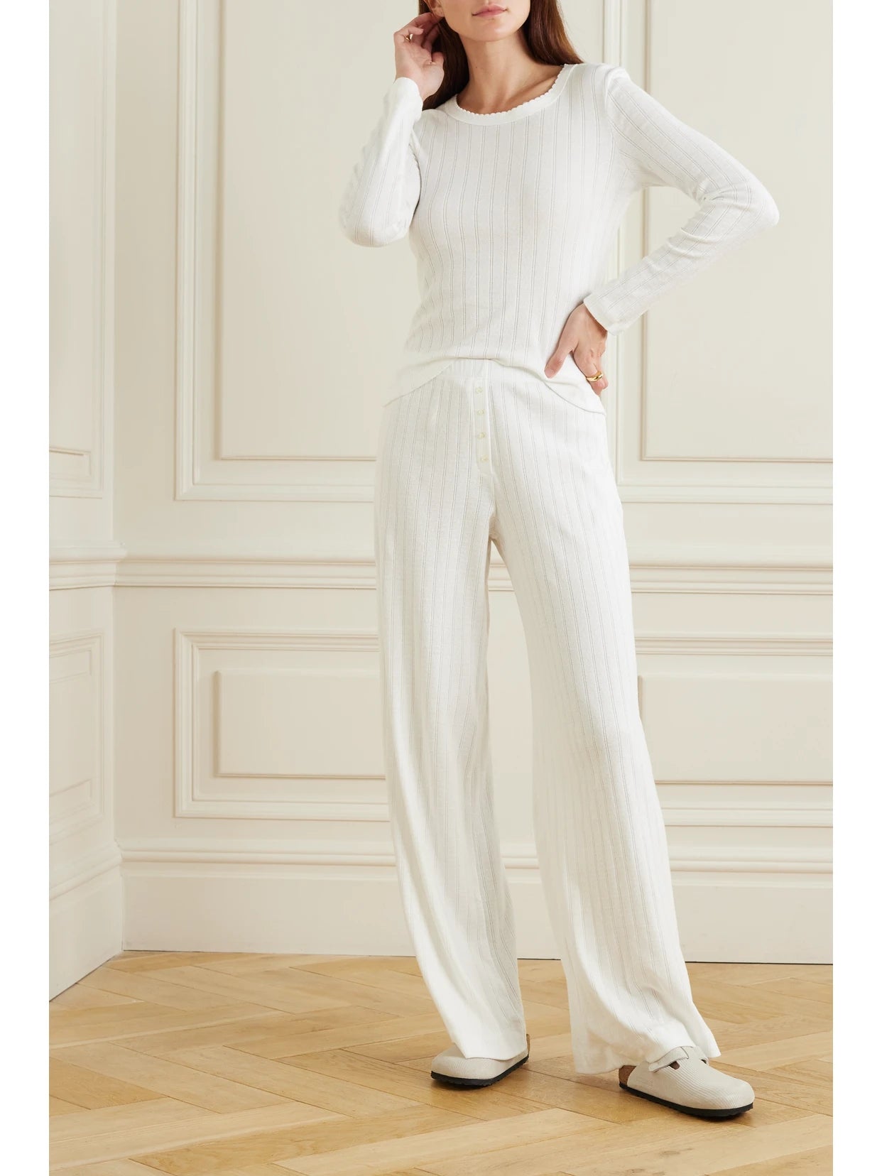 Image of Sleepwear & Loungewear. Product name - Pointelle-knit Cotton-jersey Top in White colour by brand - LESET