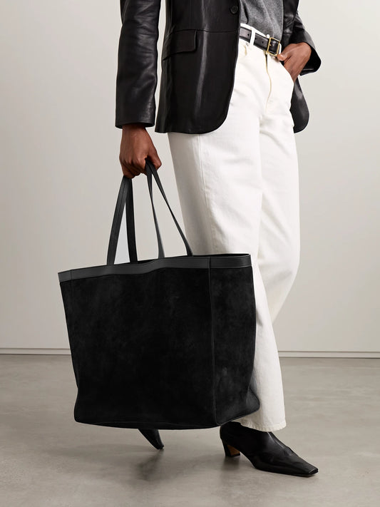 Image of Bags. Product name - Loren Leather-trimmed Suede Tote in Black colour by brand - Nili Lotan