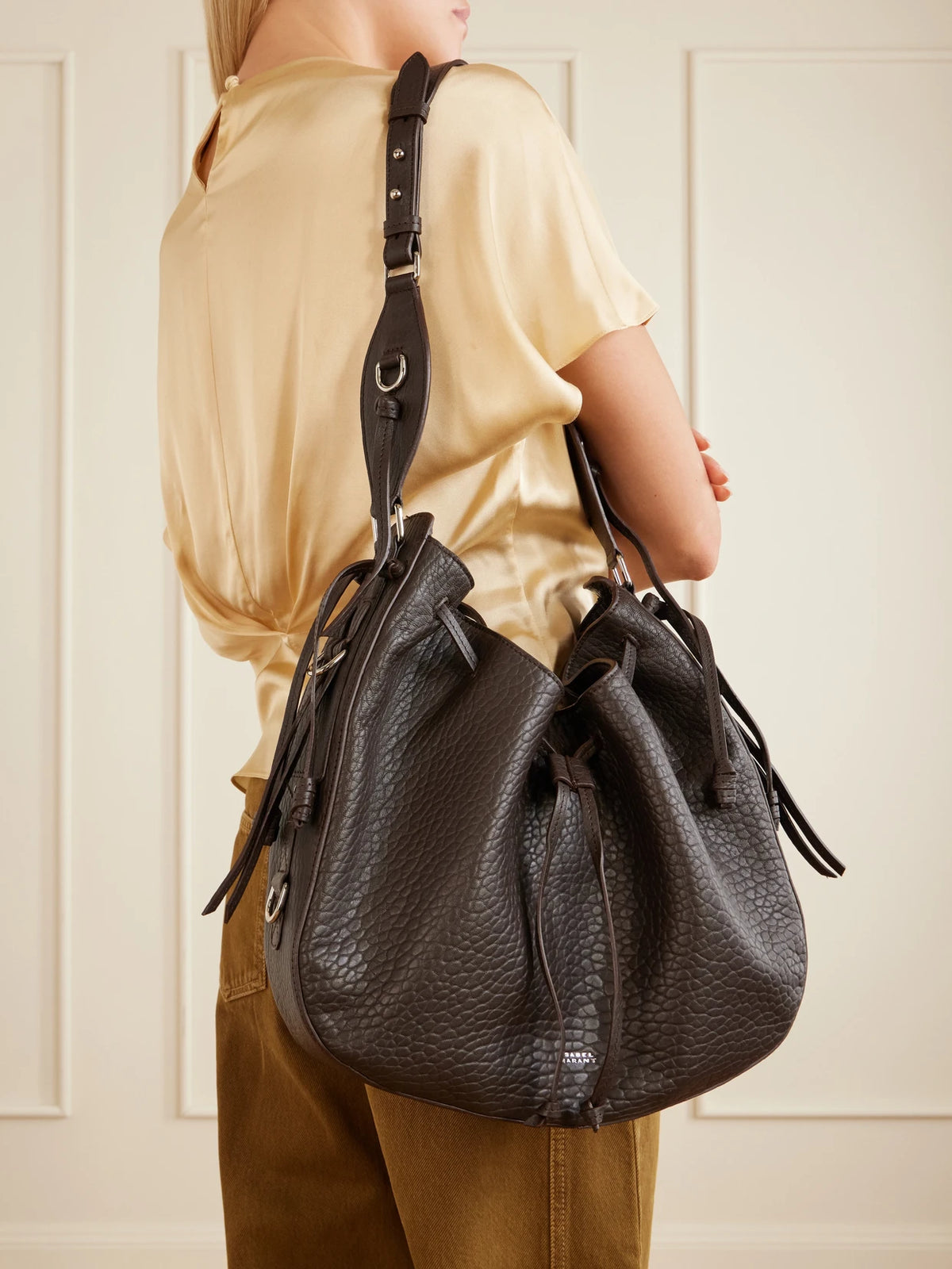 Image of Bags. Product name - Bolton Tasseled Textured-leather Shoulder Bag in Chocolate colour by brand - ISABEL MARANT