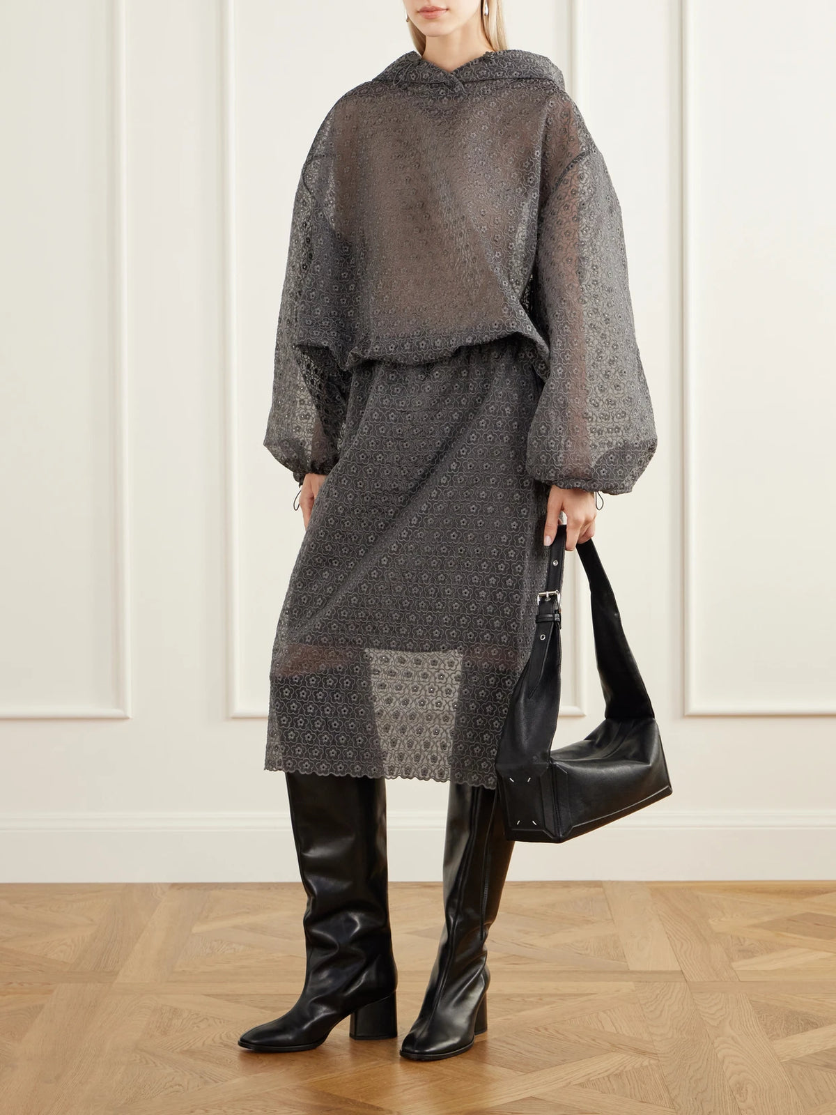 Image of Outfit Sets. Product name - Shila Hooded Drawstring Cotton-blend Floral-lace Jacket in Gray colour by brand - Cecilie Bahnsen