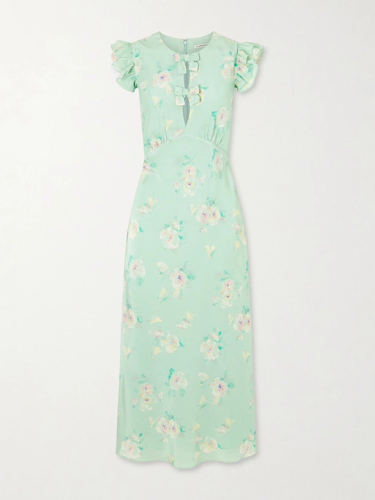 Image of Dresses. Product name - Floral-print Ruffle-trim Silk Midi Dress in Green colour by brand - Alessandra Rich