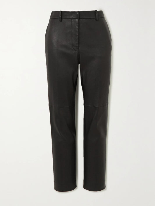 Image of a model wearing Pants. Product name - Coleman Leather Slim-fit Pants in Black colour by brand - Joseph