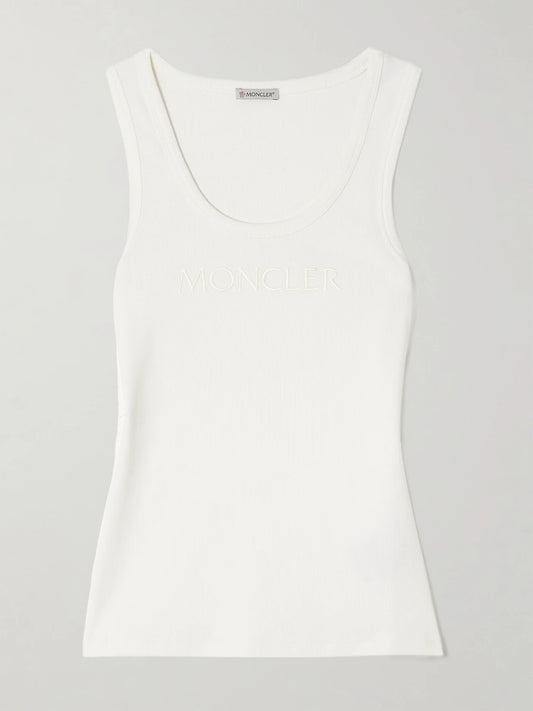 Image of a model wearing Tops. Product name - Embroidered Ribbed Stretch-cotton Tank in White colour by brand - Moncler