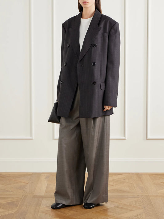 Image of Coats & Jackets. Product name - Double-breasted Pinstriped Wool-blend Blazer in Dark gray colour by brand - AMI PARIS