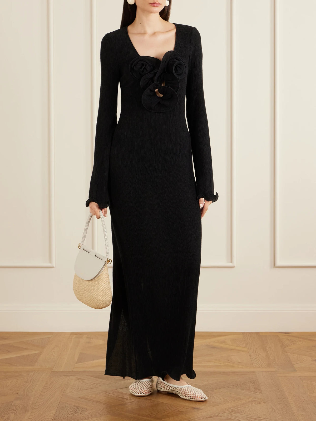 Image of Dresses. Product name - Gathered Satin Maxi Dress in Black colour by brand - Magda Butrym